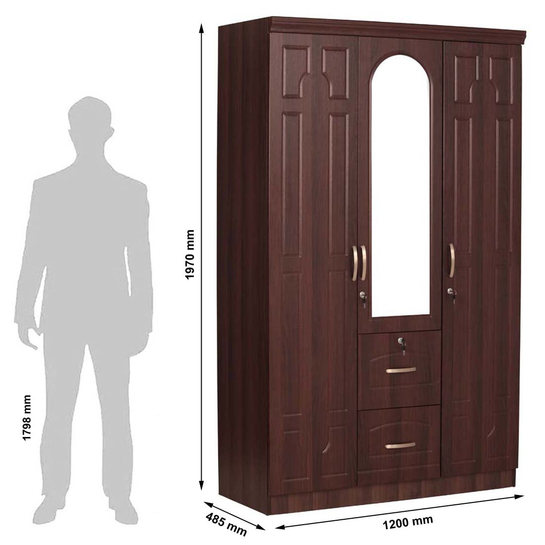 Woodness Naples 3 Door Wardrobe With Mirror Matte Finish Brown