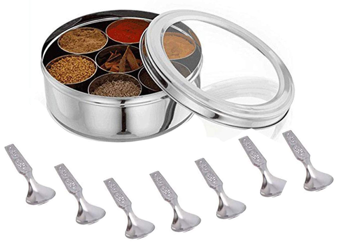 Shourya Trading Stainless Steel Spice box with Non Breakable Transparent glass,Stainless Steel Spice Box with 7 container and 7 Small Spoons,Spice Box,Size 12 No,Color-Silver