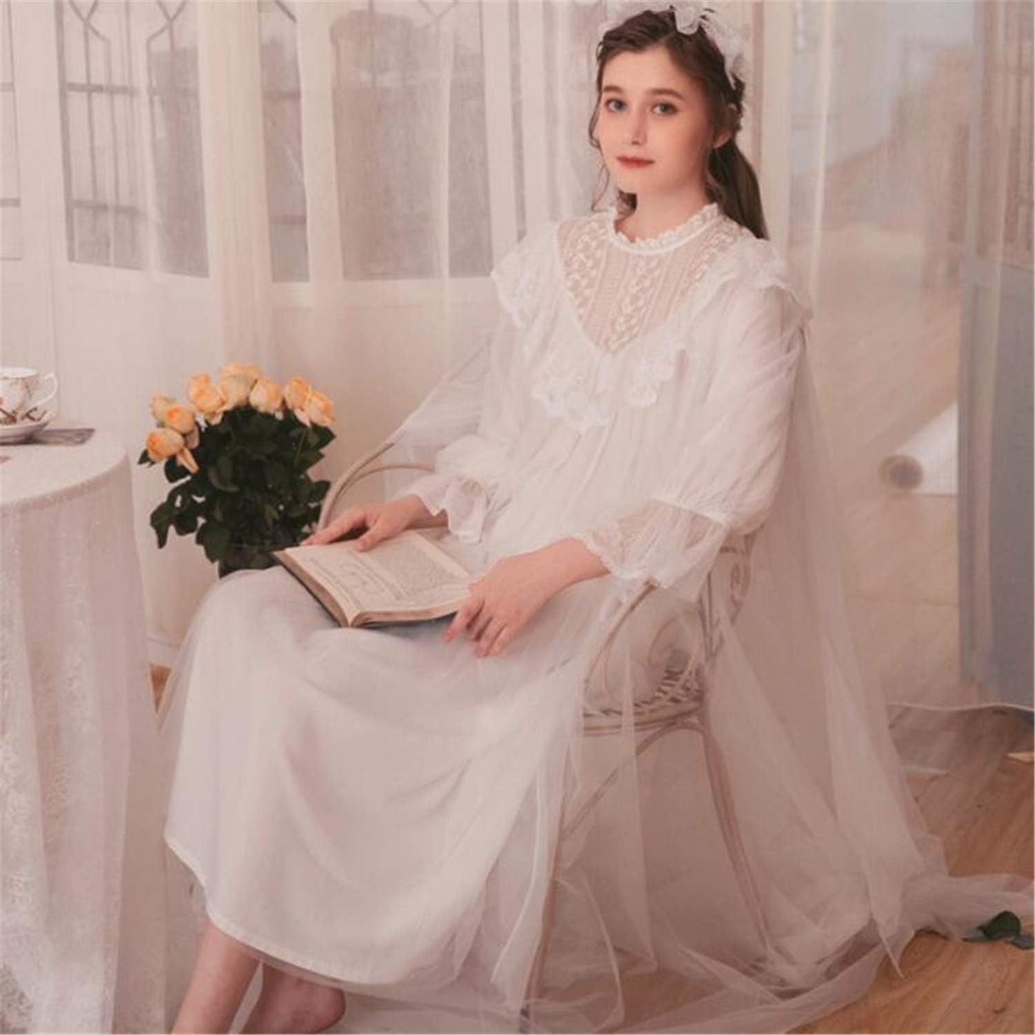 BABIFIS Women Ladies Victorian Style Long Sleeve Vintage White Solid Lace Nightgown Plus Size Sleepwear Lingerie Dress S
