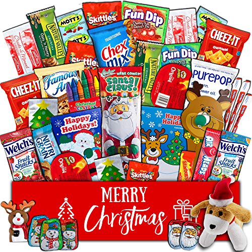 Christmas Gift Package - (40 count) Classic Snacks Box with Assortment of Festive Holiday Candy, Chocolates, Cookies, Toys - Present for Kids, Children, Grandchildren, Boys, Girls, College Students