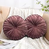 HIG Set of 2 Decorative Round Pleated Throw Pillows,Classy Accent Pumpkin Throw Pillows with Center Button,Vintage Velvet Floor Pillows for Sofa Vanity Chair Bed,Dusty Rose,14.5" Diameter(Ripple)
