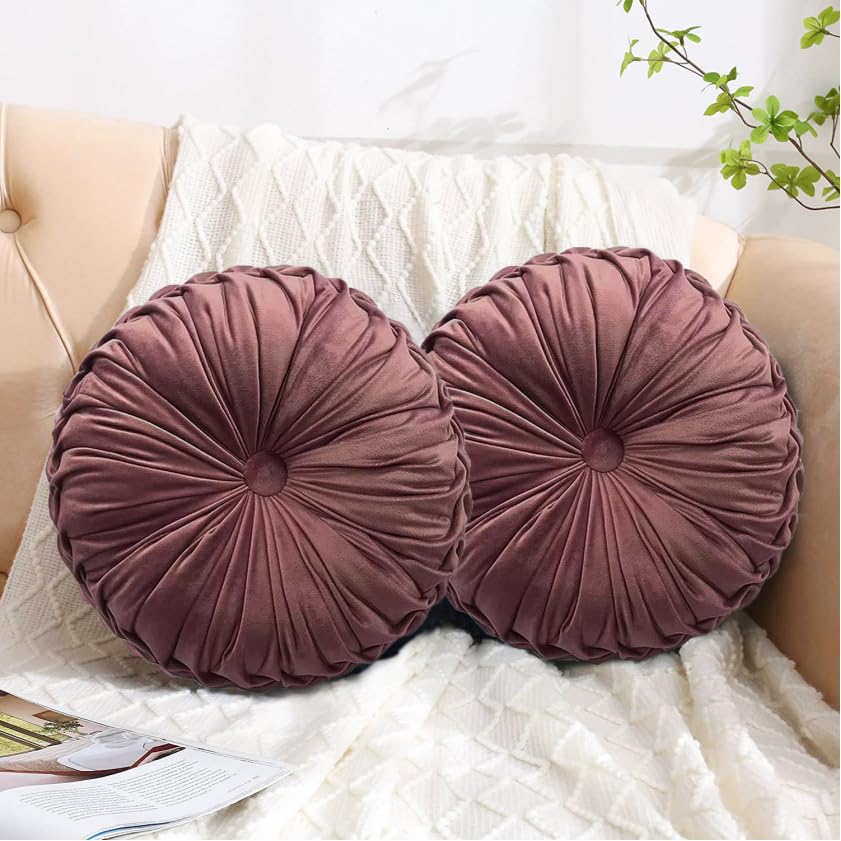 Photo 1 of HIG Set of 2 Decorative Round Pleated Throw Pillows,Classy Accent Pumpkin Throw Pillows with Center Button,Vintage Velvet Floor Pillows for Sofa Vanity Chair Bed,Dusty Rose,14.5" Diameter(Ripple)