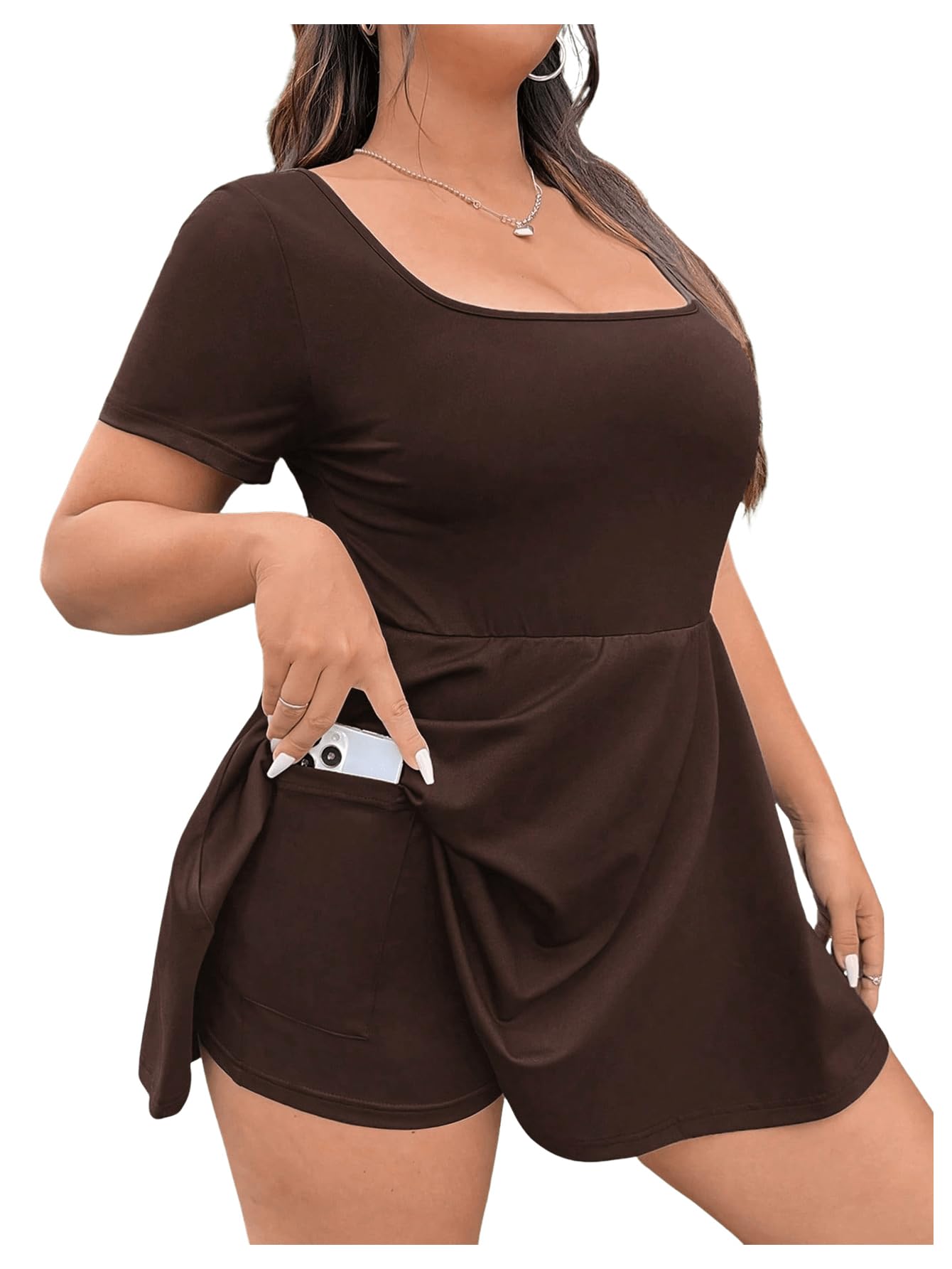 Photo 1 of SOLY HUX Women's Plus Size Romper Square Neck Short Sleeve Ruffled Hem Short Jumpsuit with Pockets Pure Brown XX-Large Plus