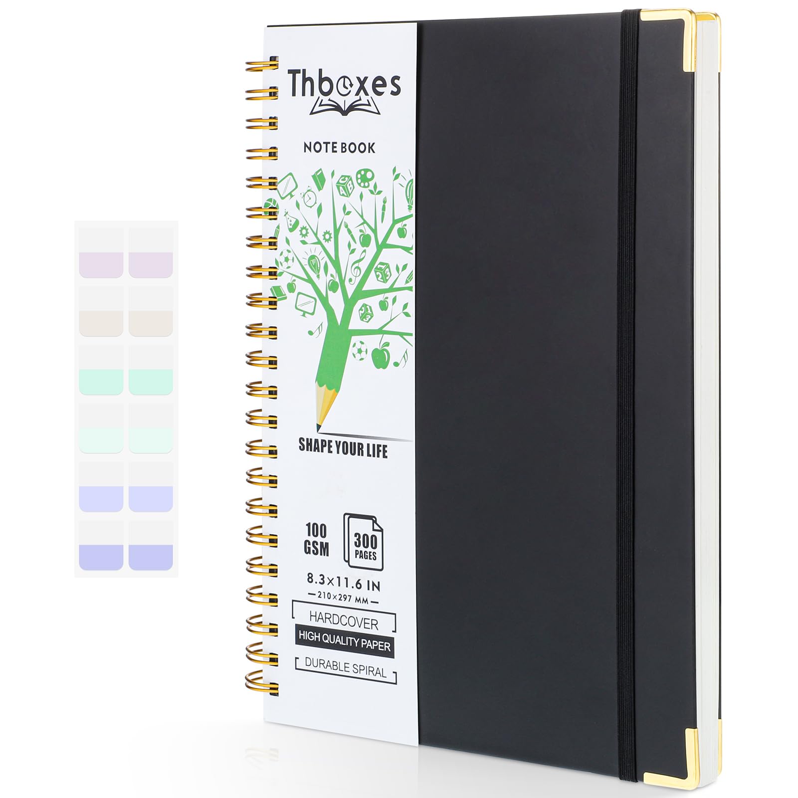 A4 Spiral Notebook, 300 Pages/150 Sheets Wirebound Spiral Notepad 100gsm Thick Paper Journal Notebook with Index sticker，Pocket，Elastic Band Notebook for Business Office School Travel 29.7x21cm Black