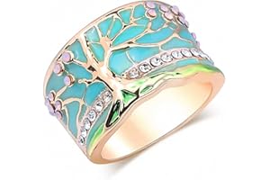 tqyzkh Lucky Flower Tree Rings Gold Pink Opal Green Enamel Wide Ring for Woman Party Crystal Vintage Jewelry