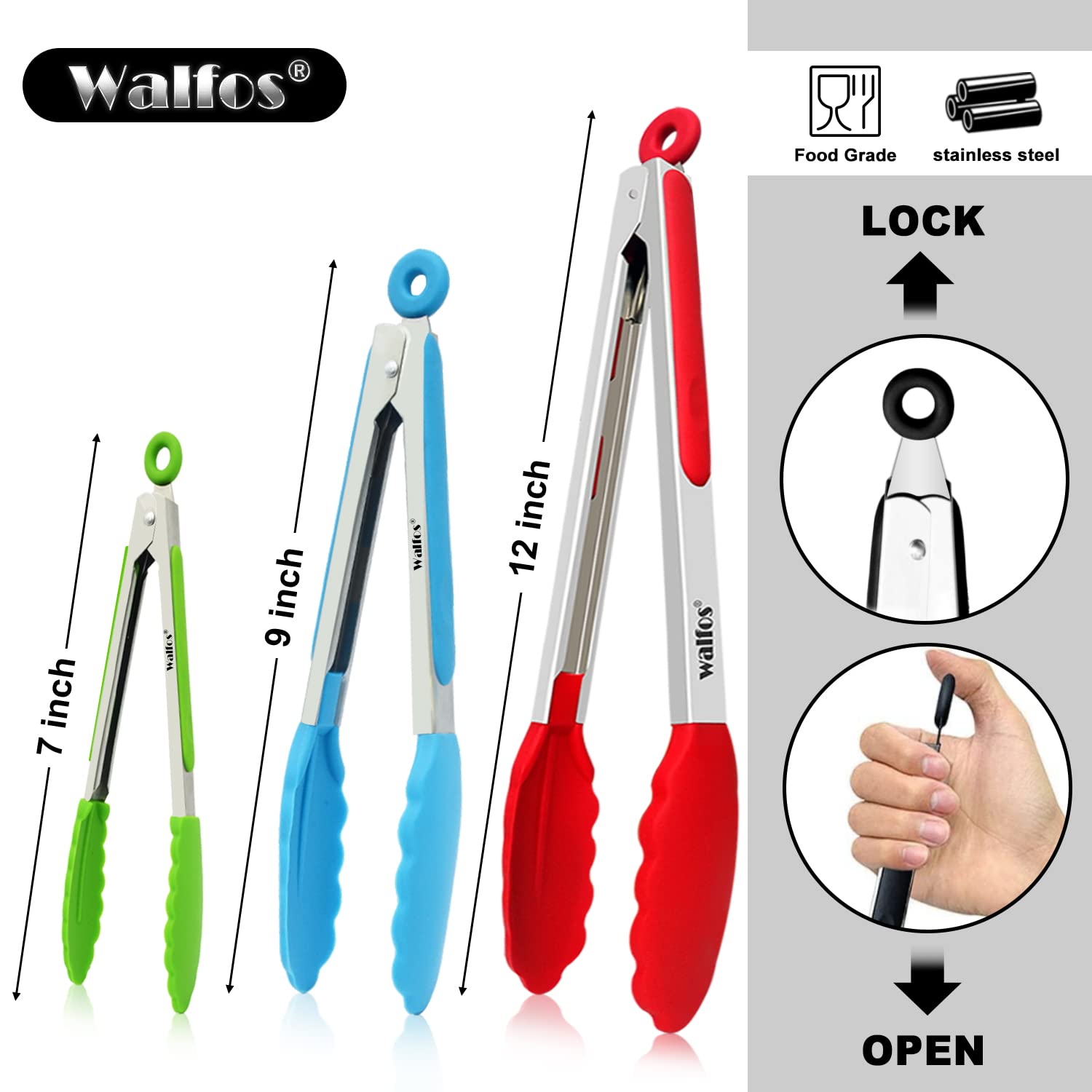 Walfos Silicone Tongs for Cooking - Heat Resistant kitchen tongs for Salad,Cooking, Grilling,Stainless Steel and BPA Free Silicone Tips set of 3 (7