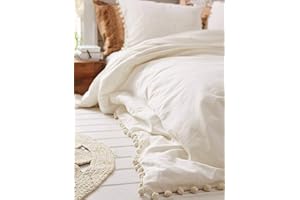 FLBER White Pom Pom Boho Duvet Cover 100% Cotton Bedding Fringed Cotton Cover Full Queen, 86“x90”