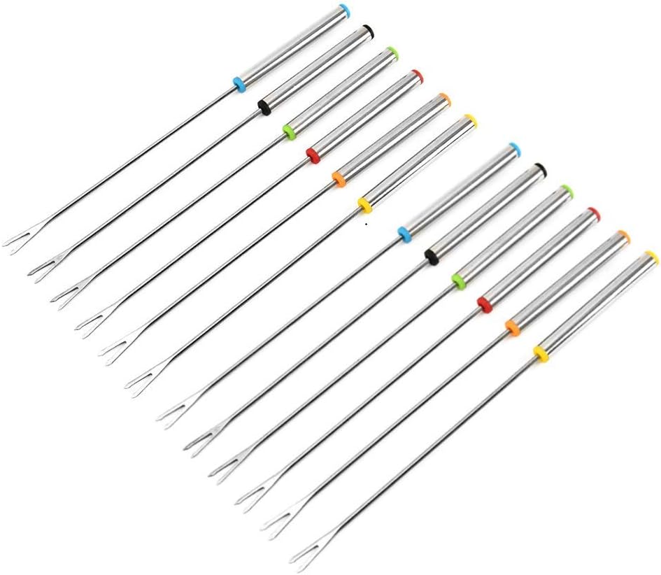 Kaptin Set of 12 Stainless Steel Fondue Forks,Multicolored Stainless Steel Skewer Sticks with Heat Resistant Handle for Chocolate Fountain Cheese Fondue Roast Marshmallows Meat,9.5 Inch