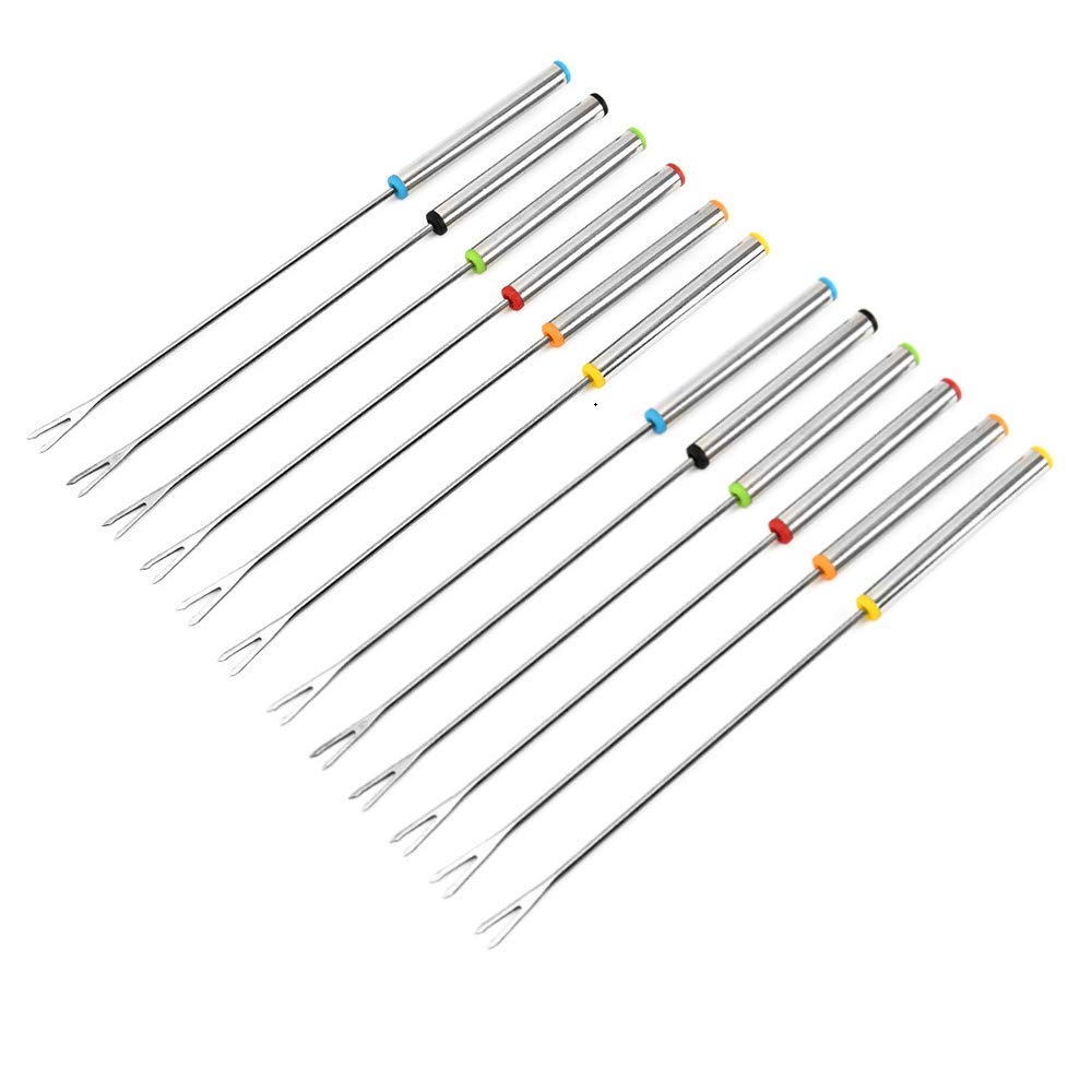 Kaptin Set of 12 Stainless Steel Fondue Forks,Multicolored Stainless Steel Skewer Sticks with Heat Resistant Handle for Chocolate Fountain Cheese Fondue Roast Marshmallows Meat,9.5 Inch