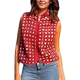 Cocoinsity Womens Fuzzy Fleece Vest with Side Pockets Checkered Sleeveless Zip Up Sherpa Vests Jacket Lightweight Sweater