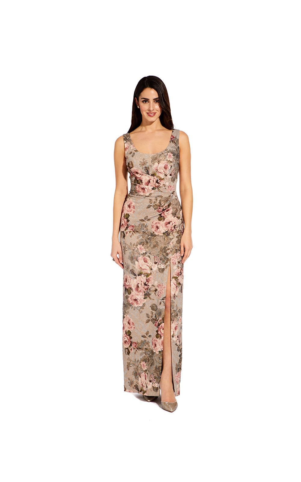 Adrianna Papell Women’s Matalasse Long Dress | Formal Metallic Evening Gown with Floral Design & Fitted Bodice, Slate/Blush Multi, 10