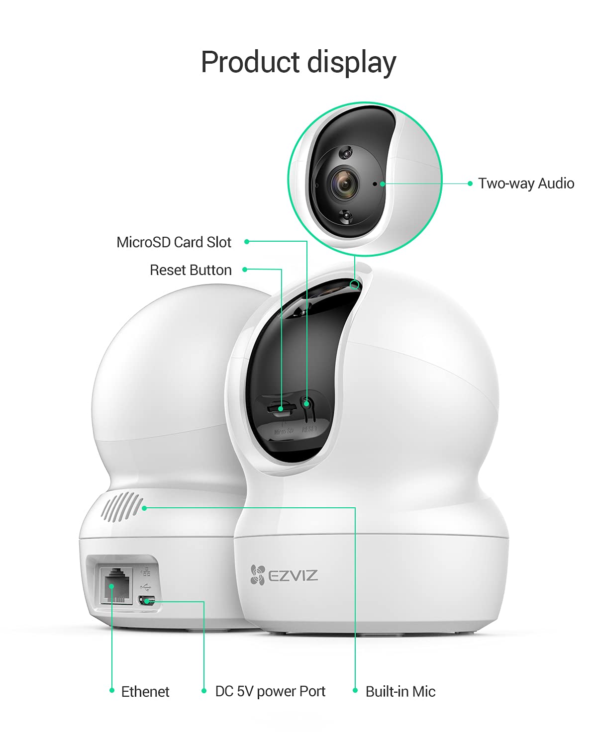 2K+ Indoor Security Camera, WiFi, 360° Coverage, Night Vision, Auto Motion Tracking, Pet Baby Monitor, Two Way Talk, Compatible with Alexa (CP1 2K+)