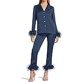 Women's Silk Satin Pajama Set Feather Trim Bridal Long Sleeve Pocketed Lounge Sets Sleepwear