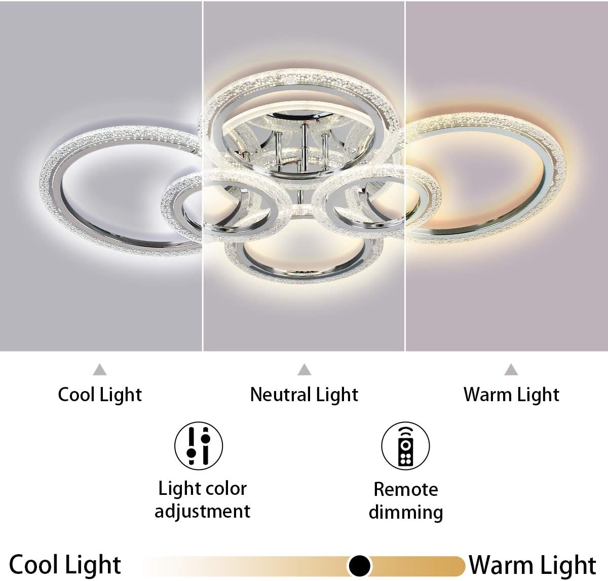 Garwarm LED Ceiling Lamp 76W Modern Close to Ceiling Light Dimmable 6 Rings Ceiling Chandelier for Living Room Bedroom, Chrome - - 