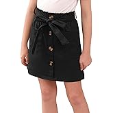 GORLYA Girls Paper Bag Elastic Waist Button Trim Front Belted Skirts with Pockets 4-14T