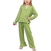 QPANCY Girls Pajamas Sets Ruffle Long Sleeve Button Down Sleepwear Loungewear kids 2 Piece Pjs Set