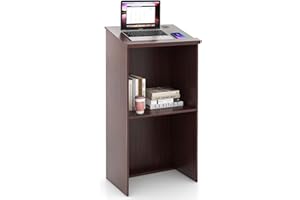 Tangkula Floor Standing Podium, Wooden Speaking Lectern Hostess Stand with 2-Tier Shelves & Dual Cable Holes, Standing Lecter