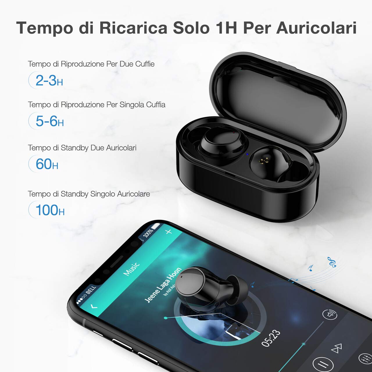 POWERADD Cuffie Bluetooth, Auricolari Bluetooth Senza Fili, Auricolari Wireless HD Stereo, Display della Batteria in Dispositivo, Compatto e Portatile, IPX5, Mic, Auricolari Sport per iOS ed Android