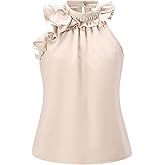 winkbay Women's Summer Ruffle Mock Neck Blouses Elegant Sleeveless Asymmetrical Evening Party Halter Tops