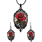 POTIANDEFUGUI Gothic Crow Cat Rose Witch Bat Earrings Necklace Set Gothic Crystal Glass Cameo Earrings Necklace Goth Victorian Necklace Earring Vintage Satan Devil Halloween Jewelry for Women