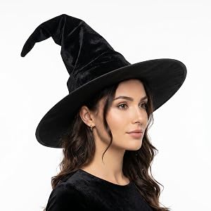 Macuezu Black Witch Hat, 15" Black Wizard Hat for Adult Women Halloween | Velvet Witchy Hat for Cosplay Costume Parties Hallo