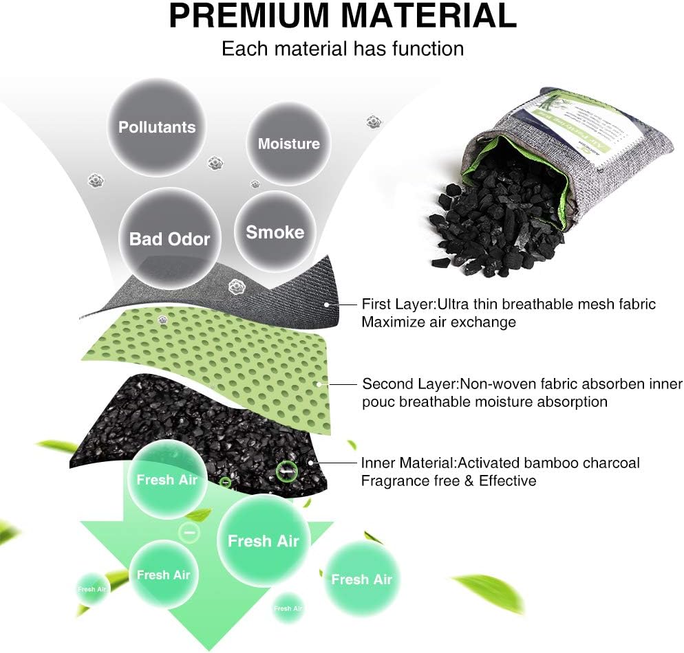 AGOESH Bamboo Charcoal Air Purifying Bag 8 Pack with 4 Hooks,Activated Charcoal Bags Odor Absorber,Chemical&Fragrance Free,Nature Fresh Charcoal Bags for Home,Car,Pet Areas: Home & Kitchen
