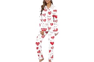 Valentine's Pjs Set Women Casual Trendy Long Sleeve Lapel Button Down Shirts and Pants Sets 2 Piece Pajamas Valentine Set