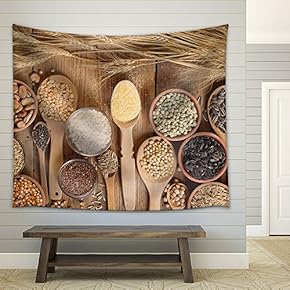 Cereal Grains, Seeds, Beans on Wooden Background. - Fabric Wall Tapestry Home Decor - 51x60 inches