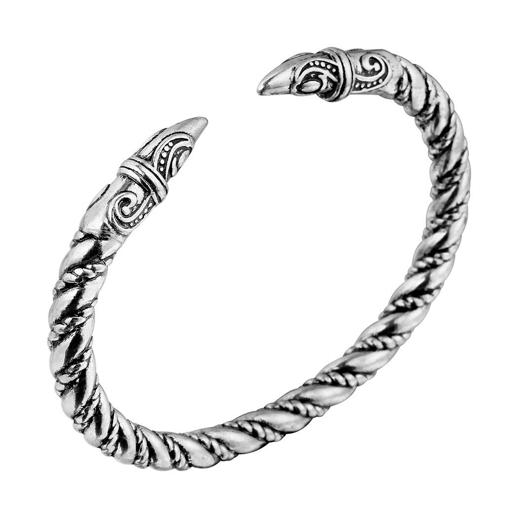 Men's Double Head Dragon Bracelet, AILUOR Norse Viking Adjustable Stainless Steel Gold Sliver Cuff Cool Polished Twisted Arm Ring Cable Bangles Pagan Jewelry (Silver-2)