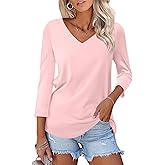 Minetom Women's V Neck 3/4 Sleeve T Shirt Solid/Color Block Casual Basic Tops Summer Tees