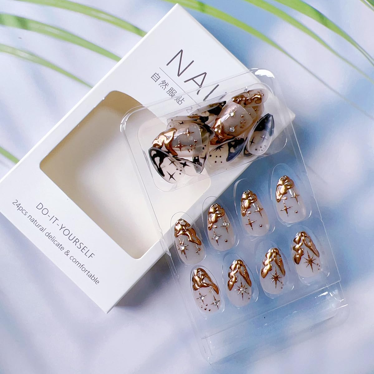 Almond Press On Nails Short Gold Fake Nails with Rhinestone Designs Almond False Nails Press Ons Glossy Glue On Nails Almond French Manicure Full Cover Nail Tips Stick On Nails for Women 24PCS - Image 7