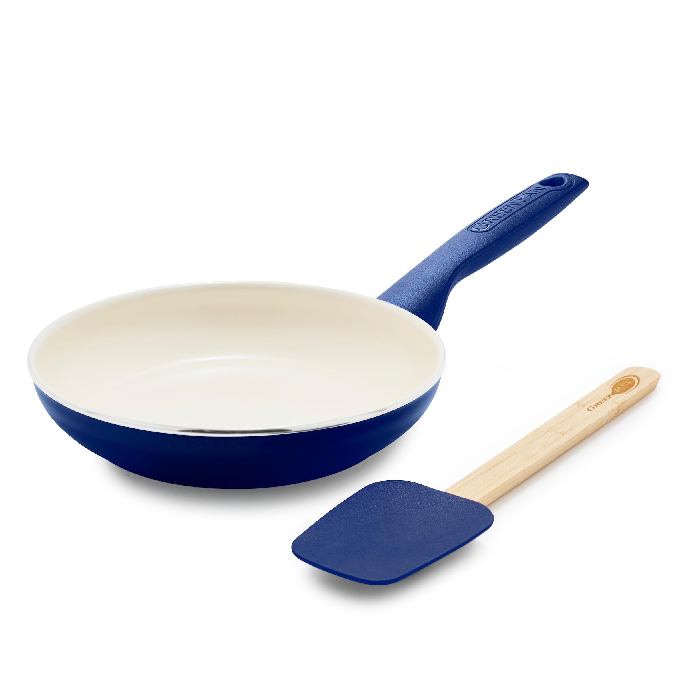 Photo 1 of GreenPan Rio Healthy Ceramic Nonstick 8" Frying Pan Skillet and Silicone Spatula Set, Soft Grip Handle, Breaktfast Meal Set, PFAS-Free, Dishwasher Safe, Oven Safe, Oxford Blue