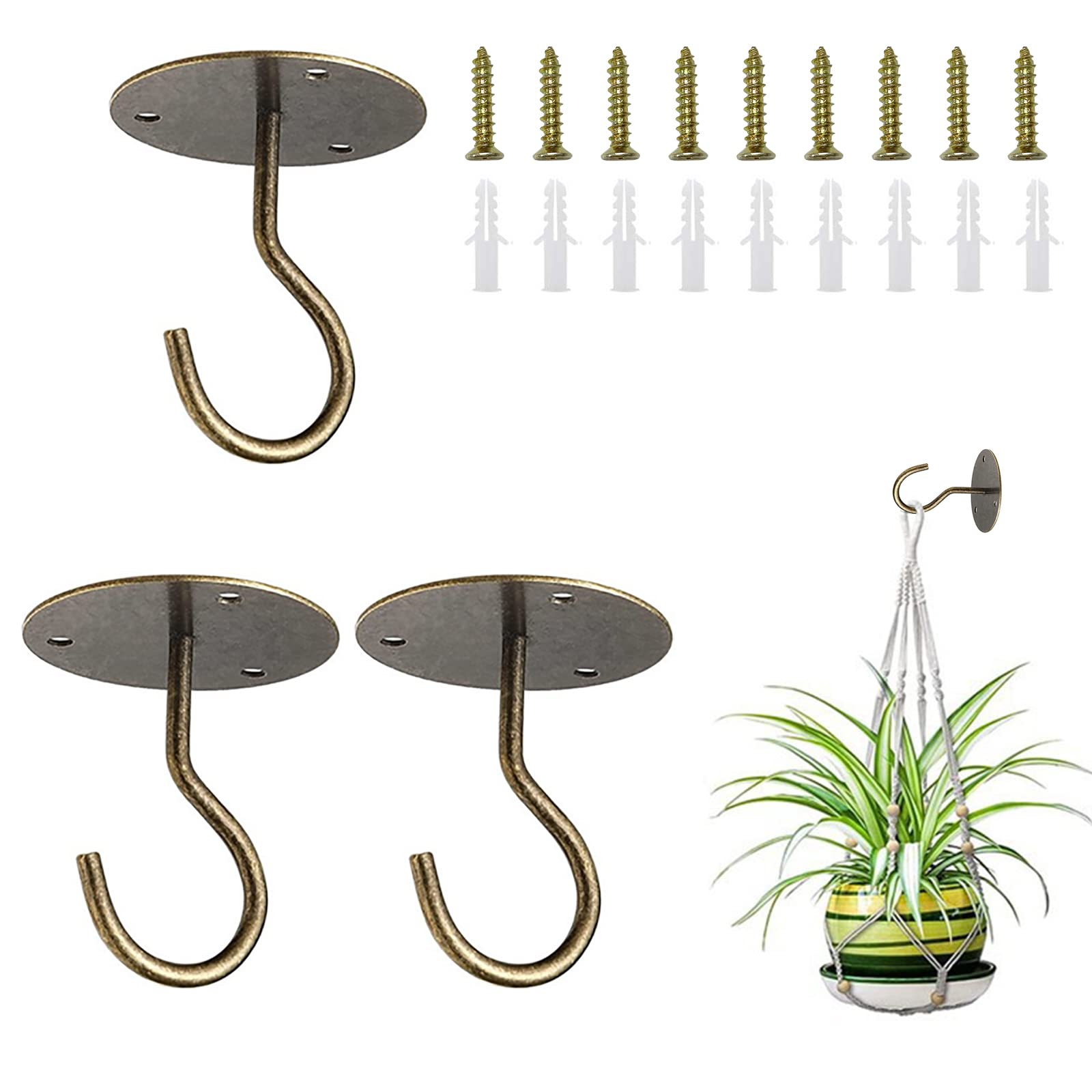 Reagia 3PCS Ceiling Hooks for Hanging Plants, Wall Mount Metal S Plant Hangers with Screws and Anchors for Hanging Plant Baskets, Lanterns, Wind Chimes, Bird Feeder