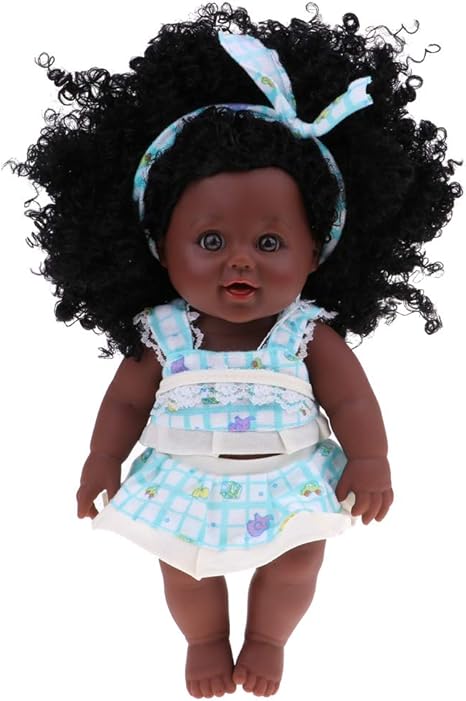 Cuticate 30cm Soft Vinyl Baby Girl Doll Curly Hair Black Skin