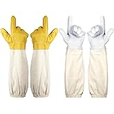 2 Pairs Goatskin Beekeeping Gloves, Protective Leather Gloves, Thickened Handbacks, Flexible and Sturdy for Bee Suit Protection, Beekeeping Supplies, White and Yellow