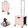 FELICON SELORSS Foldable Utility Cart Folding Portable Rolling Crate Handcart with Durable Heavy Duty Plastic Telescoping Handle Collapsible 4 Rotate Wheels for Travel Shop Move Luggage Office(Pink