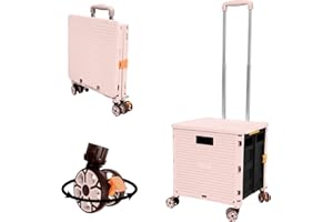 FELICON SELORSS Foldable Utility Cart Folding Portable Rolling Crate Handcart with Durable Heavy Duty Plastic Telescoping Handle Collapsible 4 Rotate Wheels for Travel Shop Move Luggage Office(Pink