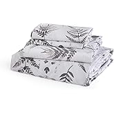 JSD 100% Cotton Floral Sheet Set Queen, 300 Thread Count Printed Sateen Sheets, Soft Breathable Cooling Bed Sheets Deep Pocket, Grey White