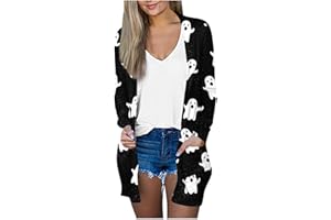 HXHYQKP Women's Halloween Pumpkin Cat Print Knitting Cardigan Long Sleeve Open Front Knitted Sweater Outwear Coat Tops