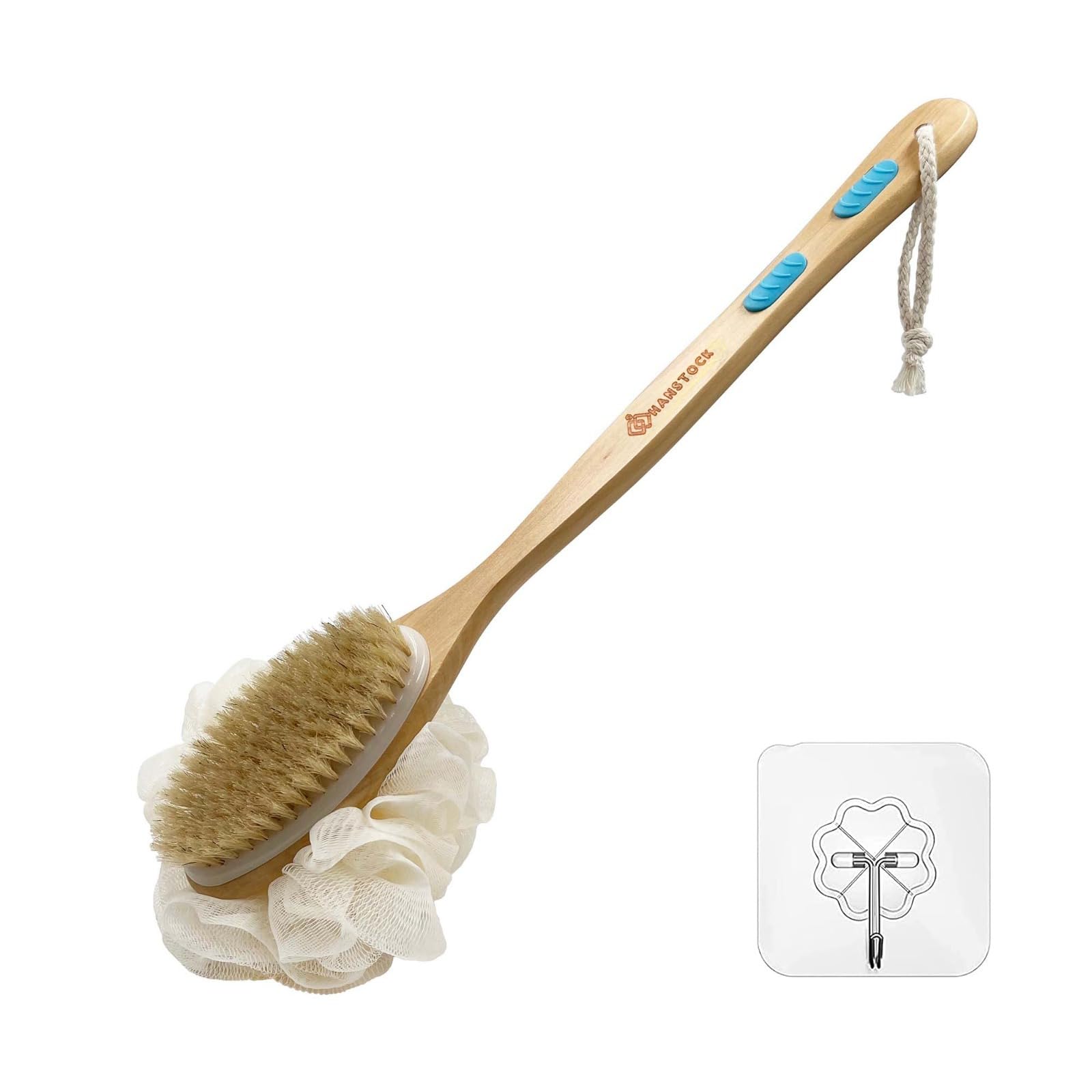 Hanstock Back Scrubber 43cm Long Wooden Handle, Double-Sided Shower Brush with Stiff Bristles and Loofah Exfoliates and Massages Skin, Ideal for Men and Women