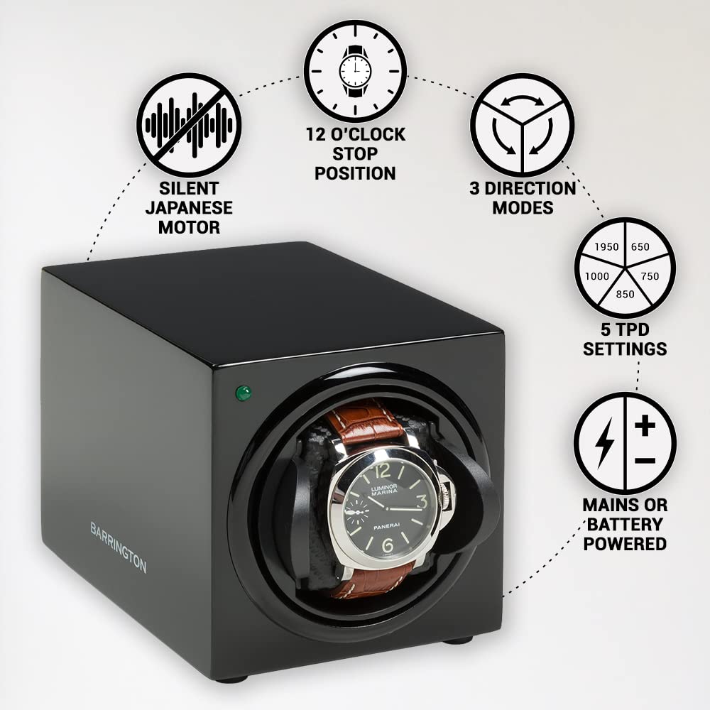BARRINGTON Single Watch Winder for Automatic Watches with Silent Japanese Motor | Watch Winder for Luxury Brands | Adjustable TPD 650-1950 | AC Operated | Battery Backup