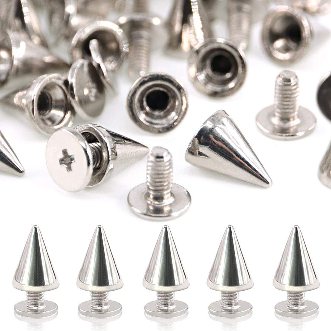 Swpeet 110 Pairs Sliver 7mm x 9.5mm Bullet Cone Spike and Stud Metal Screw Back for DIY Leather Craft Cool Rivets Punk Stud Coincal Layer — image 1