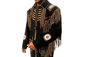 Rapid Mart Men's Western Cowboy Leather Jacket with Fringed Native American Suede Beaded Traditional Leather Coat