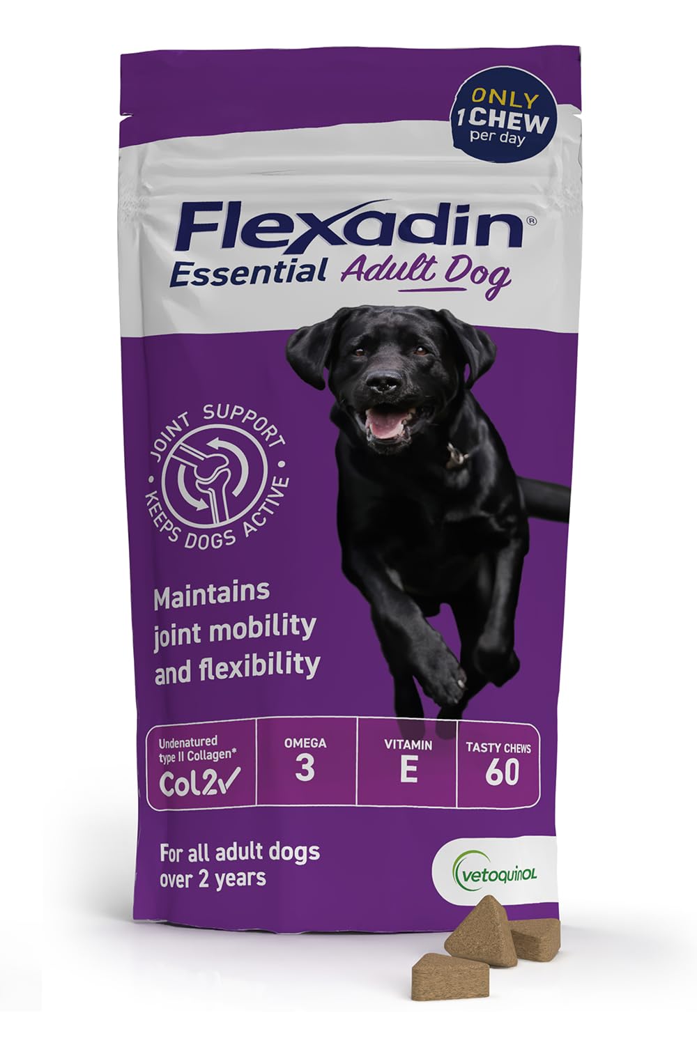 Flexadin Essential Joint Care Supplement for Adult Dogs containing Undenatured Type II Collagen, Omega 3 & Vitamin E/Promoting long-term joint health, mobility & flexibility / 60 chew pack — image 1