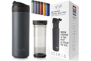 VIVA SCANDINAVIA VIVA Recharge Grey Insulated Tea & Coffee Mug & Travel French Press Coffee Maker, 16 oz, Brew & Drink From the Same Coffee Mug On the Go or Camping