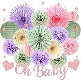 Purple and Green Gender Reveal Decorations Sage Green Purple Pink Baby Girl Shower Decorations Sage Green Lavender Pink Paper Pom Poms Fans Paper Lanterns Oh Baby Banner for Baby Shower Party Decor