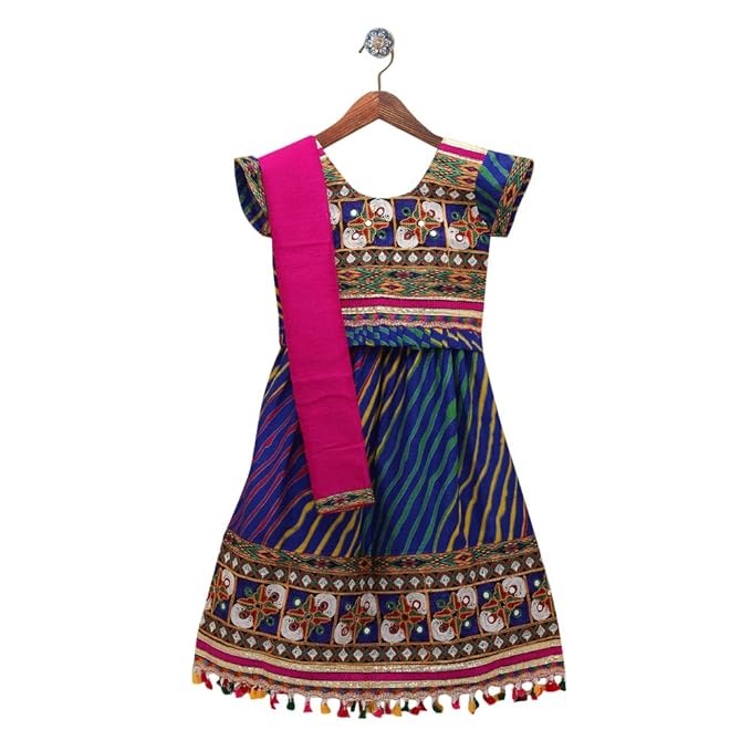 BownBee By Hopscotch Baby Girls Cotton Leheria Print Lehenga Choli in Blue Color