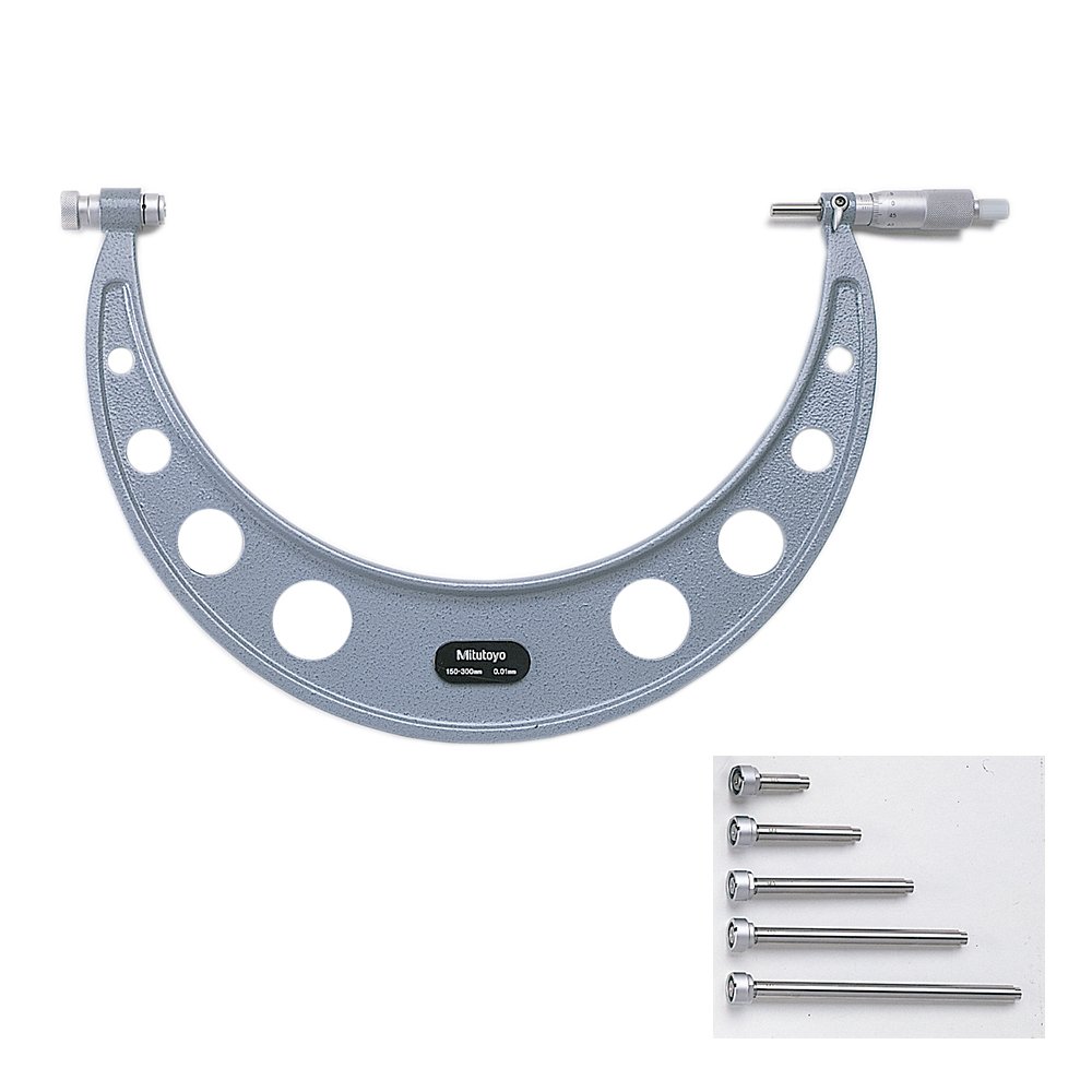 Mitutoyo 104-136A Outside Micrometre with 6 Interchangeable Anvils and 6 Standards, 150 mm-300 mm Range, 0.01 mm Graduation