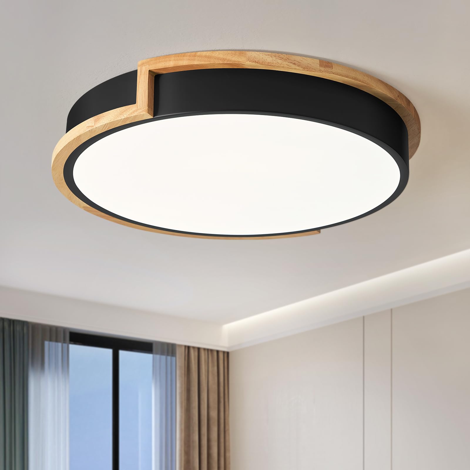 Photo 1 of Peblto Modern LED Close to Ceiling Light, Round Flush Mount Ceiling Lighting Fixture, Matte Black with Wood Accent, Minimalist Kitchen Light Fixtures for Bedroom, Entryway, Living Room, 15.8in