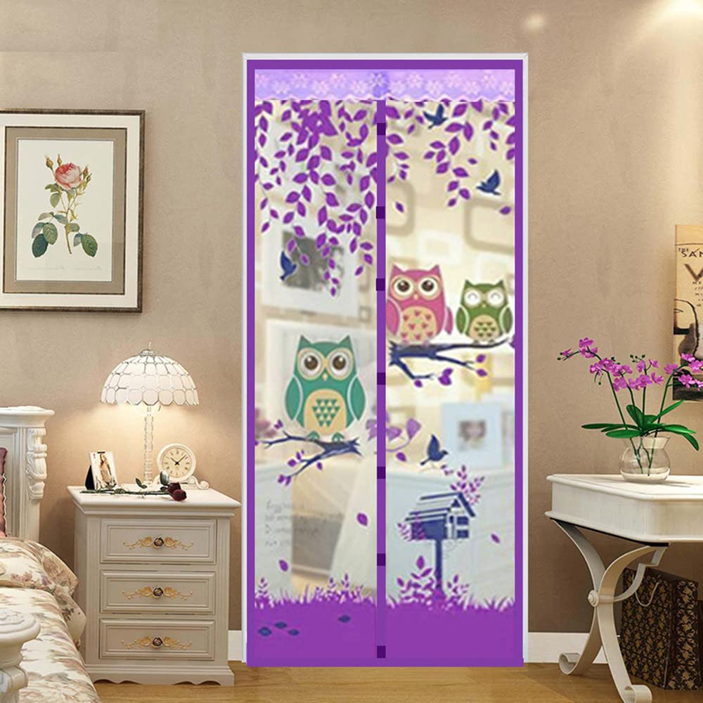 Magnetic Door Screen Fly Screen Door Bug Mesh Curtain High Density Automatically Mesh Door Nets 35" x 83" Easy Install (90 * 210cm, Owl-Purple)